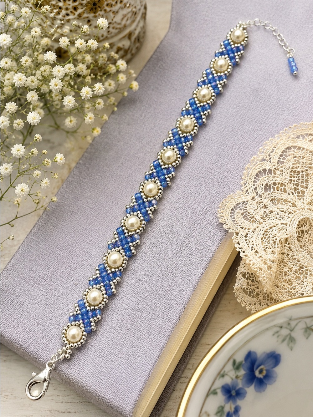 Hand Crafted Dainty Blue Pearl Beaded Bracelet